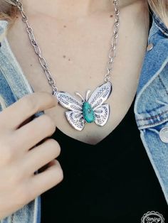 Flutter into the autumn season with our enchanting Turquoise Butterfly Necklace. This delicate piece features a vibrant turquoise butterfly, symbolizing transformation and beauty. The perfect accessory to add a touch of whimsy to any outfit. Length 10.5" 3" adjustable chain Faux silver and turquoise Bohemian Butterfly Nickel-free Jewelry, Adjustable Nickel Free Butterfly Necklace, Adjustable Nickel-free Butterfly Necklace, Nickel-free Butterfly Necklace, Turquoise Butterfly Sterling Silver Jewelry, Turquoise Butterfly, Turquoise Squash Blossom, Squash Blossom Necklace, Silver Butterfly