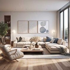 a living room filled with furniture and lots of windows