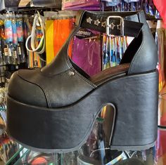 Gorgeous Platform Shoes With Peek-A-Boo Sides. 3" Platform With 5" Heel, Us Women's Sizing. Black Closed Toe Heels With Heel Loop, Black Closed Toe Heels With Removable Insole, Shoes Demonia, Demonia Shoes, Peek A Boo, Women's Footwear, Style Board, Platform Shoes, Tap Shoes