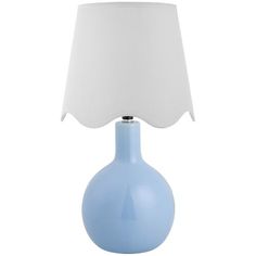 a blue lamp with a white shade on it