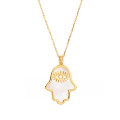 Harness the power of protection and luck with the Pearl Divine Hamsa & Evil Eye Pendant Gold Vermeil Chain Necklace. This elegant pendant, crafted from 18k gold-plated sterling silver, features a pearl Hamsa hand design with a gold evil eye symbol nestled inside. Designed to not only elevate your style but also provide spiritual protection and good fortune, this necklace is the perfect blend of chic and meaningful. Paired with a gold vermeil chain, it brings the power of these ancient symbols into your everyday look. Details 18K gold plated on sterling silver Pearl Necklace length 20" with pendant and 2'' extender Pendant height 0. 8'' Pendant width 0. 6'' Avoid contact with chemicals, makeup, parfume. Do not use dips or abrasive cleaners on necklace. To clean and brighten it up your neckl Gold Amulet Necklace For Good Luck, Gold Plated Tarnish Resistant Necklace For Good Luck, Tarnish Resistant Gold Plated Necklace For Good Luck, Gold Plated Spiritual Jewelry For Blessing, Spiritual Gold Plated Necklace For Good Luck, Gold Plated Amulet Necklace For Blessing, Spiritual White Gold Gemstone Necklace, Gold Plated Adjustable Chain Necklace For Good Luck, White Gold Spiritual Necklace With Gemstone