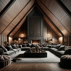 a living room filled with lots of furniture and a fire place in the middle of it