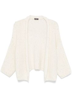 cream white alpaca wool-blend purl knit sequin embellishment open front drop shoulder long sleeves ribbed cuffs and hem unlined White Alpaca, Purl Knit, Embellished Cardigan, Sequin Cardigan, Sequin Embellishment, Cardigan White, Chunky Knit Cardigan, White Cardigan, Knitwear Cardigan