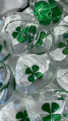 several glass plates with green leaves on them