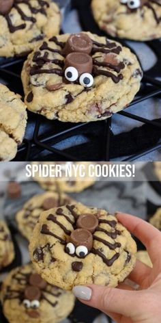 spider nyc cookies with googly eyes and chocolate chips on top are ready to be eaten