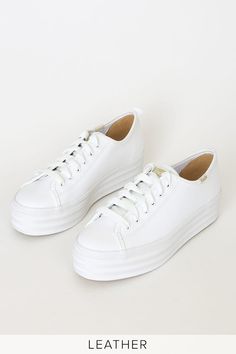 Trendy Platform Sneakers With White Laces And Round Toe, Trendy Platform Sneakers With Round Toe And White Laces, Trendy Platform Sneakers With White Laces, Trendy Everyday Sneakers With Laces, White Platform Sneakers With Vulcanized Sole For Everyday, Trendy Platform Sneakers For Spring, White Leather Lace-up Wedge Sneakers, White Lace-up Leather Wedge Sneakers, White Rubber Sole Wedge Sneakers For Spring