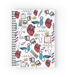 a spiral notebook with an illustration of the human heart and medical equipment on white background