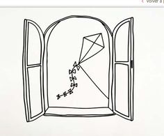 a drawing of an open window with a kite flying in the air and stars coming out