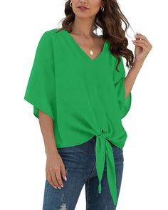 PRICES MAY VARY. Material: 95%Polyester+5%Spandex,Lightweight and soft.Chiffon blouse,sexy V neckline, 3/4 flare sleeve, tie knot hem, casual style and loose fitting. Size:US SIZE,Small=(US 4-6), Medium=(US 8-10), Large=(US 12-14), X-Large=(US 16-18), XX-Large=US 20 This is true to size, please purchase according to your normal size. Style: This top is simply beautiful! The button down shirts with the front tie and 3/4 ruffle sleeves gives this enough detailing to make this a unique top. To add Summer Stretch Blouse In Solid Color, Chic Solid Color V-neck Top For Summer, Spring V-neck Stretch Blouse, Trendy Solid Color V-neck Blouse, Solid Color V-neck Party Tops, Flowy V-neck Summer Top, Trendy Flowy Solid Color Top, Trendy Solid Color Chiffon Blouse, Solid Color V-neck Blouse For Party