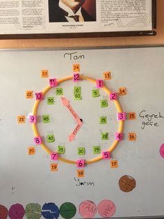 a clock made out of post it notes on a bulletin board with the time in roman numerals