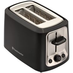 the toaster is black and has two slices of bread in it