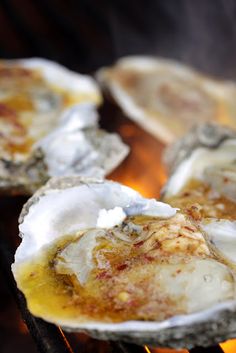 three oysters on the grill being cooked