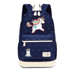 Leaping Unicorn Canvas Backpack Student Backpack With Unicorn Print, School Backpack With Unicorn Print, Unicorn Print School Backpack, Cotton Backpack For Back To School, Cute Unicorn Print Backpack For Back To School, Unicorn Print Standard Backpack For Travel, Cute Cotton Standard Backpack, Cute School Backpack With Unicorn Print, Cute Cotton Backpack For Back To School