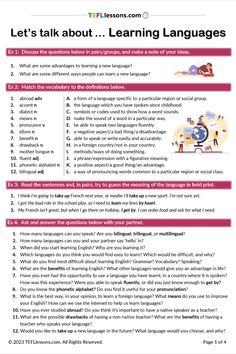 Vocabulary related to Learning Languages | Free ESL Resource | Teaching English Toefl Worksheets, Tefl Lessons, English Vocabulary Exercises, English Conversation Practice, Speaking Activities Esl, English Talk, Esl Teaching Resources, Reading Comprehension Lessons