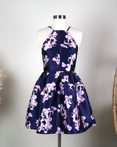 open back style floral fit and flare dress - watercolor floral prints with pockets that is fully lined. Spring Purple Floral Dress, Purple Halter Neck Floral Print Dress, Purple Halter Neck Dress With Floral Print, Purple Floral Print Halter Neck Dress, Purple Floral Dress For Party, Purple Floral Print Dress With Spaghetti Straps, Quilt Dress, Watercolor Floral Print, Pink And Purple Flowers