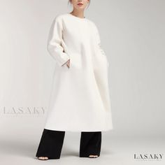 Lasaky - Sophisticated Font Print Tailored Overcoat with Exaggerated Drop Shoulders and Extra-long Sleeves Elegant Long Sleeve Plain Outerwear, Long Sleeve Wool Coat For Work, Chic Plain Spring Outerwear, Plain Long Outerwear For Work, Elegant Long Oversized Outerwear, Long Plain Outerwear For Spring, Structured White Winter Outerwear, White Structured Winter Outerwear, Font Print