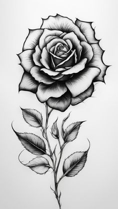 a black and white drawing of a rose