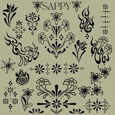 a set of black and white floral designs with the words happy written in each corner