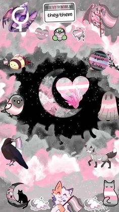 an image of many different types of cats and dogs in the sky with pink clouds