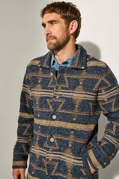 Mount Evans Cotton Shirt Jacket | Overland Casual Outerwear With Fair Isle Pattern, Casual Jacquard Knit Outerwear For Fall, Casual Fair Isle Pattern Outerwear For Layering, Casual Fair Isle Outerwear For Layering, Fall Cotton Jacquard Knit Outerwear, Casual Outerwear With Shawl Collar And Button Closure, Casual Shawl Collar Outerwear With Button Closure, Casual Cotton Cardigan With Fair Isle Pattern, Casual Brown Jacquard Knit Outerwear