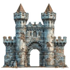 an old castle gate with two towers and a clock on the top, isolated against a white background