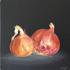 an oil painting of two onions on a black background, one is red and the other is yellow