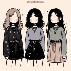 three girls standing next to each other with long hair and wearing sweaters, dresses, and necklaces