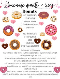 an info sheet with donuts on it and instructions to make doughnuts for kids