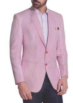 Pink Mens Pure Linen Blazer Sport Jacket in Checks. Cost includes one blazer and one pocket square.Pant is only shown for Modelling purpose and it not included in the cost. Made in India. Dryclean only. Blazer Men Wedding, Linen Blazer Men, Party Wear Blazers, Lambskin Leather Blazer, Wedding Blazers, Groom And Groomsmen Suits, Plaid Suit Jacket, Elegant Blazers, Dress Suits For Men