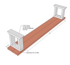 a wooden bench with measurements for the top and bottom section, including an attached shelf