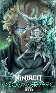 an anime character with blonde hair and green eyes, holding two swords in front of his face