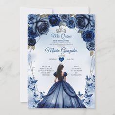 a wedding card with blue roses and a woman in a dress on the front, surrounded by butterflies