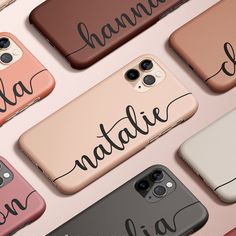 many different colored cases with the names of their phone's cameras and name written on them