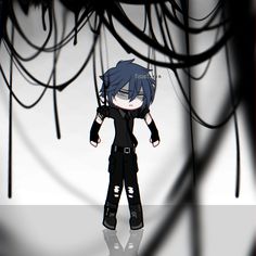 an anime character is standing in front of some black and white wires with his hands on his hips