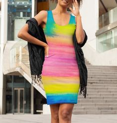 "Vibrant Summer Bodycon Dress for Women ☀️🏝🍭 🎉 FREE US SHIPPING & Reduced Worldwide Shipping! 🐟 6% of profits go to protecting our oceans The \"Electric Rainbow\" tank dress is an ode to those crazy fun days of summer. This abstract art dress will remind you to let loose, get wild and let the day or evening unfold to amusement & adventure! ﹏﹏﹏﹏﹏﹏﹏﹏﹏﹏﹏﹏﹏﹏﹏﹏﹏﹏﹏﹏﹏﹏﹏﹏﹏﹏﹏﹏﹏﹏﹏   ✄ Handmade ♕ Premium Quality ❀ Low-impact dye ☺ Made w/ mindfulness ✩  My Original Watercolor Art (\"Electric Rainbow\") Clothes Summer 2023, Colorful Clothes Aesthetic, Vibrant Outfits, Colorful Clothes, Vibrant Dress, Neon Dresses, Dress Trendy, Summer Bodycon Dress, Spring Clothes