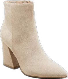 Beige Medium Width Booties For Fall, Winter Beige Pointed Toe Booties, Fall Medium Width Beige Heels, Fall Beige Heels Medium Width, Winter Beige Booties With Stacked Heel, Beige Block Heel For Winter, Winter Beige Block Heel Shoes, Beige Suede Pointed Toe Booties, Beige Almond Toe Booties For Winter