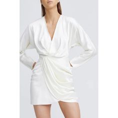 New ! Size Us 4 Self: 62% Viscose, 38% Poly Lining: 97% Poly, 3% Elastane Hand Wash Fully Lined Hidden Back Zipper Closure Dolman Sleeves Draped Wrap Design Sheen Sateen Fabric 1004 Significant Other Samara Dress Cream Sheen Satin Long Sleeve Us 4 Nwot $248 Cream V-neck Mini Dress For Evening, Cream V-neck Ruched Dress, Cream Ruched V-neck Dress, Cream V-neck Midi Dress For Cocktail, Cream V-neck Cocktail Dress, Chic Cream V-neck Mini Dress, Chic Cream Mini Dress With V-neck, Elegant White Mini Dress With Surplice Neckline, Elegant Cream V-neck Mini Dress