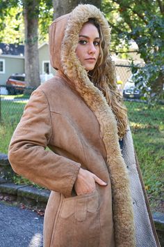 Vintage Shearling Leather Faux Fur Hooded Princess Penny Lane | Etsy Hooded Sheepskin Winter Outerwear, Fall Sheepskin Outerwear With Detachable Hood, Sheepskin Hooded Outerwear With Faux Fur Trim, Hooded Sheepskin Outerwear With Faux Fur Trim, Hooded Outerwear With Faux Fur Trim In Sheepskin, Hooded Outerwear With Faux Fur Trim And Sheepskin, Hooded Sheepskin Outerwear With Fleece Lining, Vintage Hooded Fur Coat For Fall, Vintage Winter Hooded Jacket With Double-lined Hood