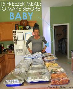 a woman standing in front of a counter filled with food and packaged up for sale