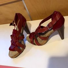 Brand New Sandals From Cole Haan. Red Leather And Patent Leather. Great Looking Pattern. Cork Platform. Stacked Heel- Buckle Ankle Closure. Non Skid Bottoms/Sole. Size 8 Cork Heels, Cole Haan Shoes, Stacked Heel, Cole Haan, Cork, Red Leather, Patent Leather, New Color, Sandals Heels