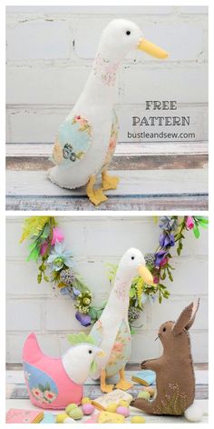 two different pictures of stuffed animals in front of a white brick wall with flowers and leaves