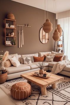 a living room filled with lots of furniture and decor on top of a white rug