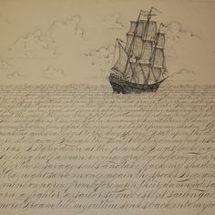 a drawing of a sailing ship in the ocean with writing on it's side