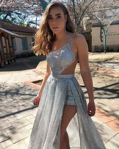 Glamorous Homecoming Evening Dress With V-neck, Glamorous V-neck Mini Dress For Prom Season, Romper Dress Prom, Sequin V-neck Mini Dress For Prom, Silver V-neck Mini Dress For Formal Events, Silver V-neck Mini Dress For Formal Occasions, Stylish Prom Dress, Classy Prom Dresses, Theme Dress