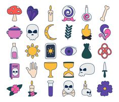 an assortment of different items and symbols on a white background, such as candles, flowers, skulls, keys, books