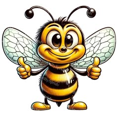 a cartoon bee with big eyes giving the thumbs up and holding his hands in one hand