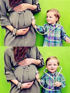 two pictures of a woman holding a child with a stethoscope in their hands