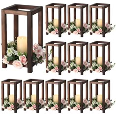 a set of six wooden candle holders with flowers and candles