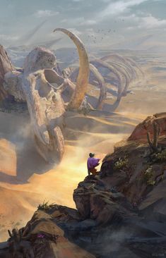 an artist's rendering of a desert landscape with rocks, sand and large horns