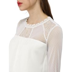 The floral lace makes this gauzy top a romantic night-out option. Floral embroidery embellishes the lace of a romantic blouse with a ruffled neck trim. Turn on the charm in this lacy blouse cut with a keyhole back and delicate frilled cuffs. Timeless charm evokes itself in this homespun blouse that's decorated with lace. Lacy sleeves add texture and movement to a top that exemplifies vintage refinement. Made of airy eyelet lace, this swingy top nails that whole peasant thing with pretty shirring White Feminine Lace Top With Lace Trim, Spring Party Blouse With Lace Patchwork, Party Mesh Top With Lace Trim, Spring Party Top With Lace Collar, White Lace Top With Lace Sleeves For Spring, Long Sleeve Lace Blouse With Lace Trim, Chiffon Long Sleeve Wedding Top, Long Sleeve Chiffon Wedding Top, Feminine Spring Lace Top For Party